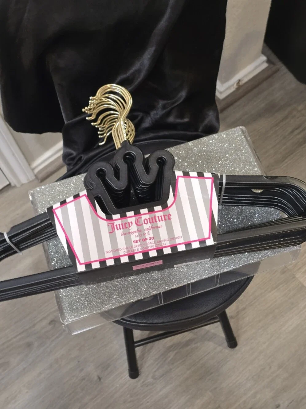 Juicy Couture Notched Shoulder Space Saving Crown Set of 20 Hangers-Black/Gold